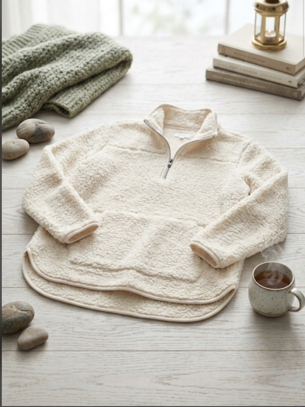 Time and Tru Cream Sherpa Quarter-Zip Pullover